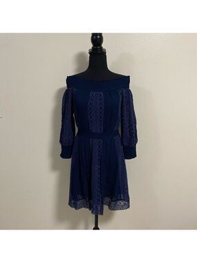 Alice + Olivia Dress Women’s Size 0 Indigo Pammy Eyelet lace Off the Shoulder
